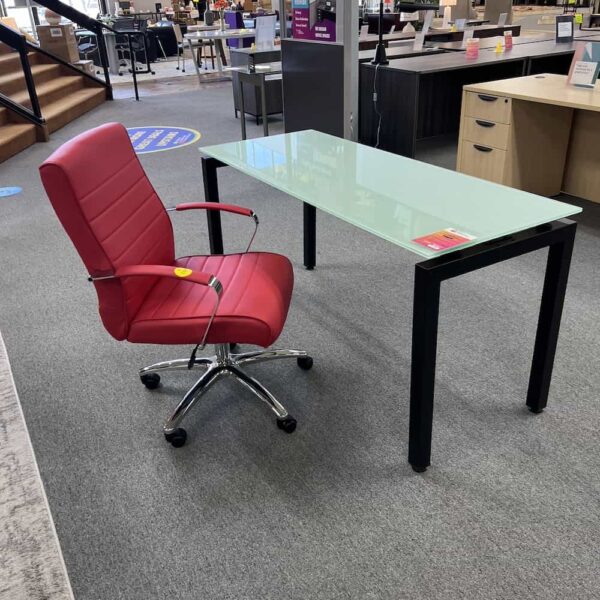 green glass desk with black metal legs modern with red office chair