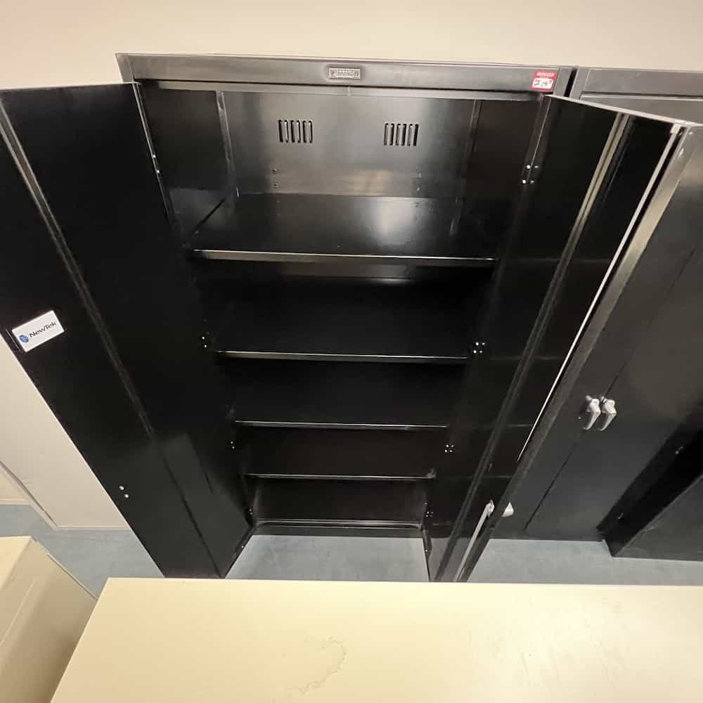 black metal 2 door storage cabinet with shelves