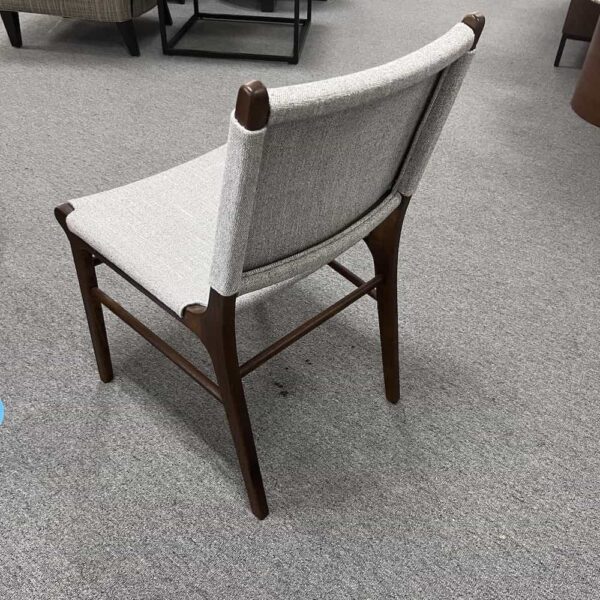 grey fabric seat and walnut veneer wood legs and rungs, chair, back