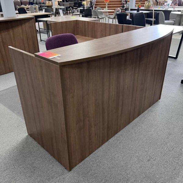 walnut reception desk with laminate transaction top