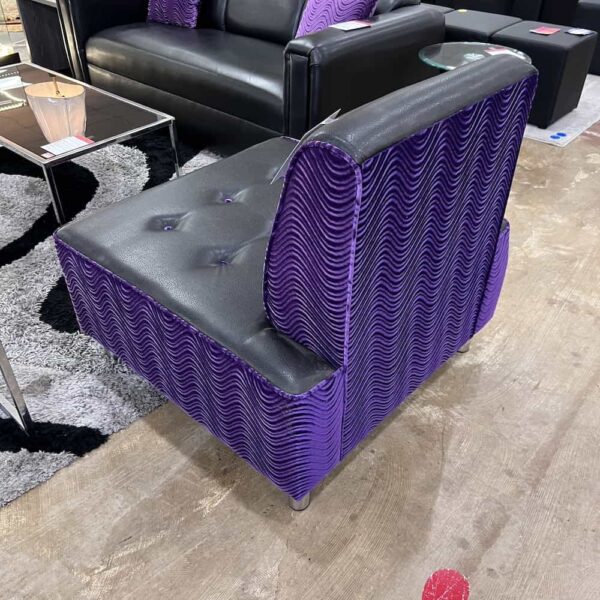 black and purple chair with square base and flat back, no arms