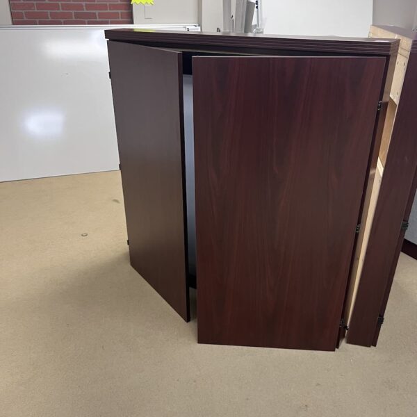 mahogany laminate presentation cabinet with dry erase and two doors wall mount