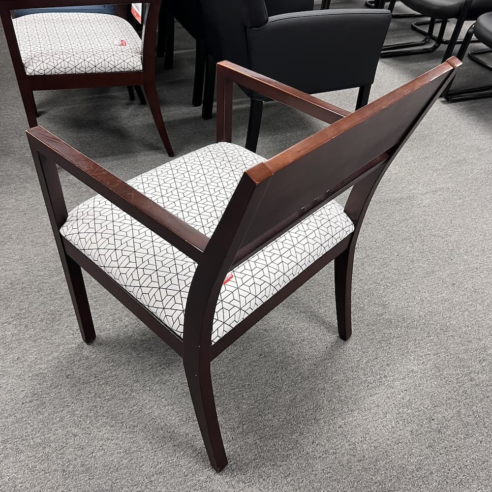 white geometric upholstery mahogany veneer base and frame guest chair OFS used furniture lobby office reception