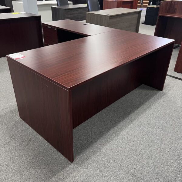 mahogany laminate l-desk left return with two pedestal files 71 x 83