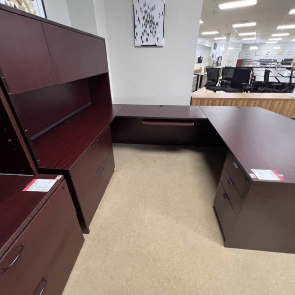 mahogany laminate u-desk bow front left return with hutch and 4 doors, 2 drawer lateral, 1 bbf