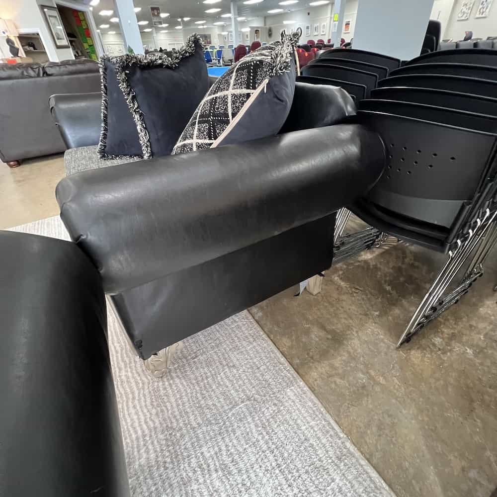 two tone black and beige vinyl and upholstery scroll arm sofa couch two seater love seat