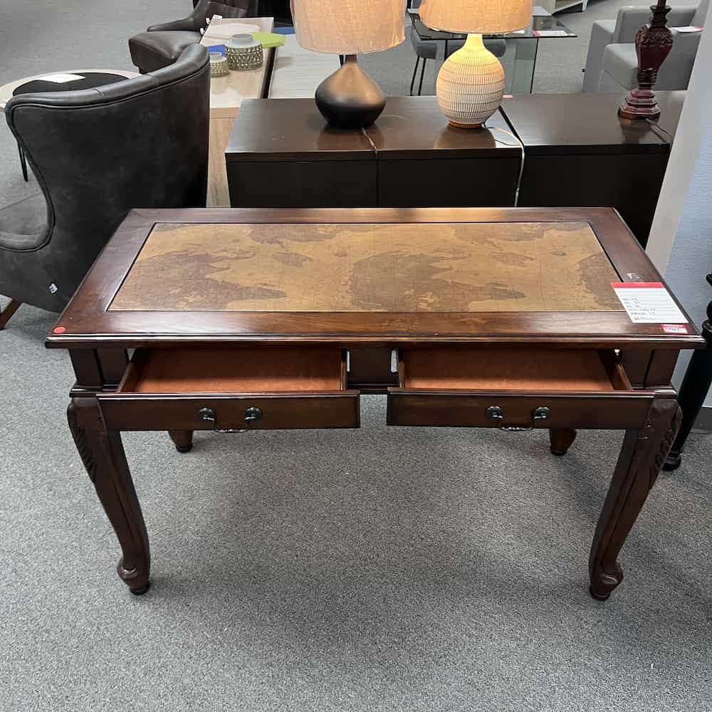wood veneer desk with map in center inlay writing desk used with two pencil drawers