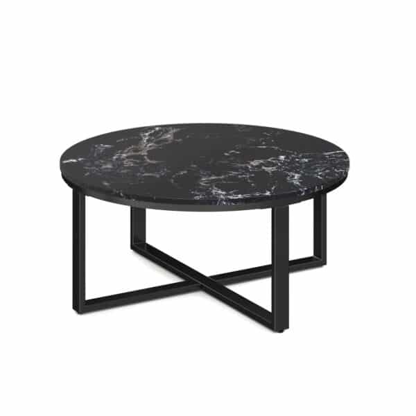 black stone quartz round coffee table with black metal base modern