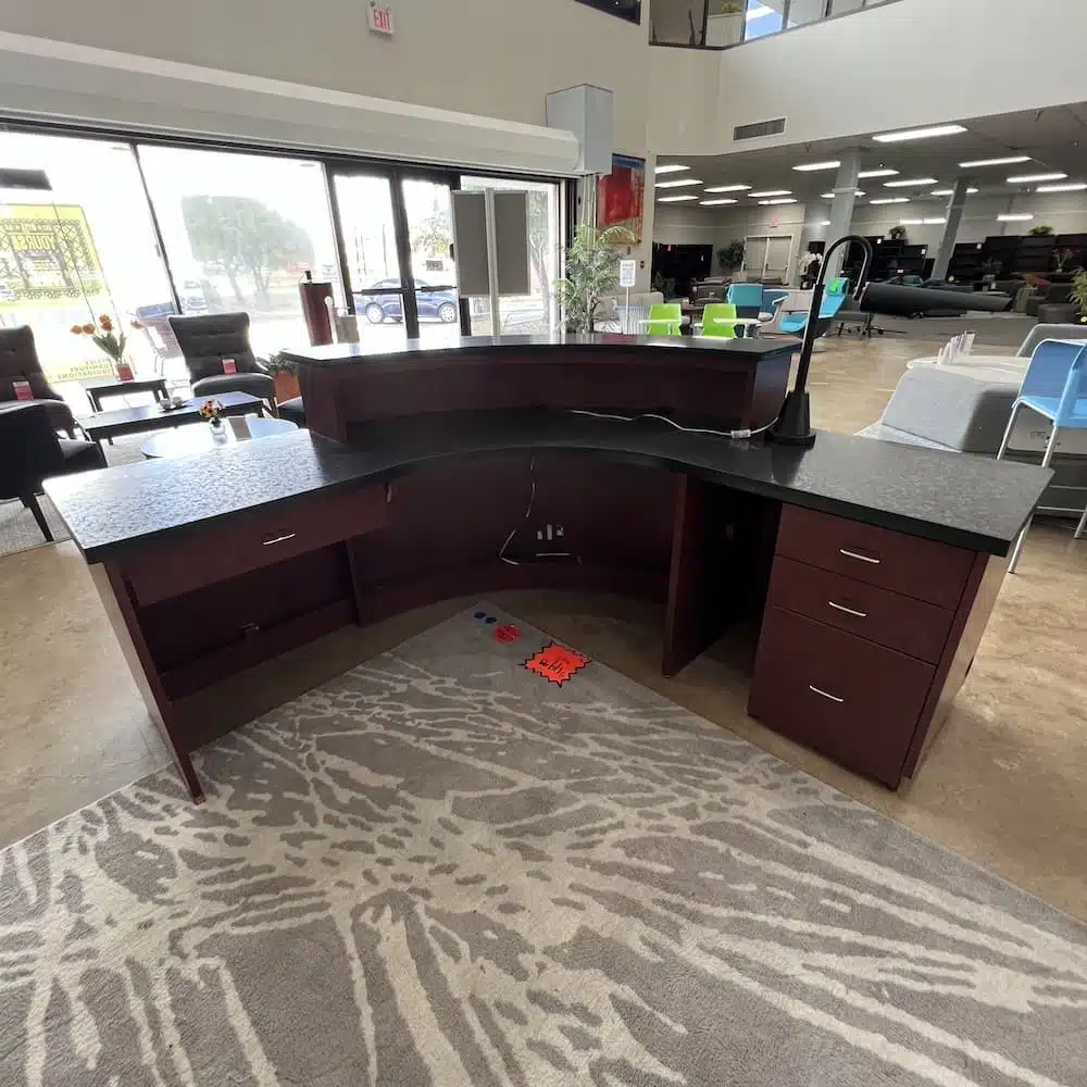 cherry laminate black laminate and black granite round reception desk with box box file and pencil drawer