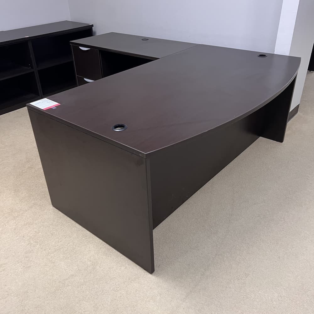 bow front l-desk left-return double pedestal espresso silver pulls used office furniture