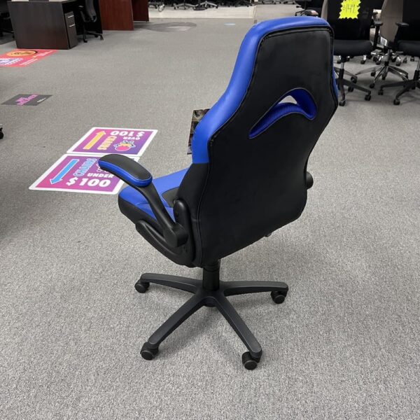 blue and black vinyl gaming chair with flip arms brand lorell