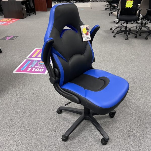 blue and black vinyl gaming chair with flip arms brand lorell