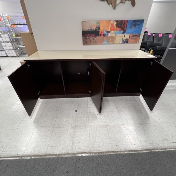 mahogany veneer wood base with glass tan beige top credenza storage buffet