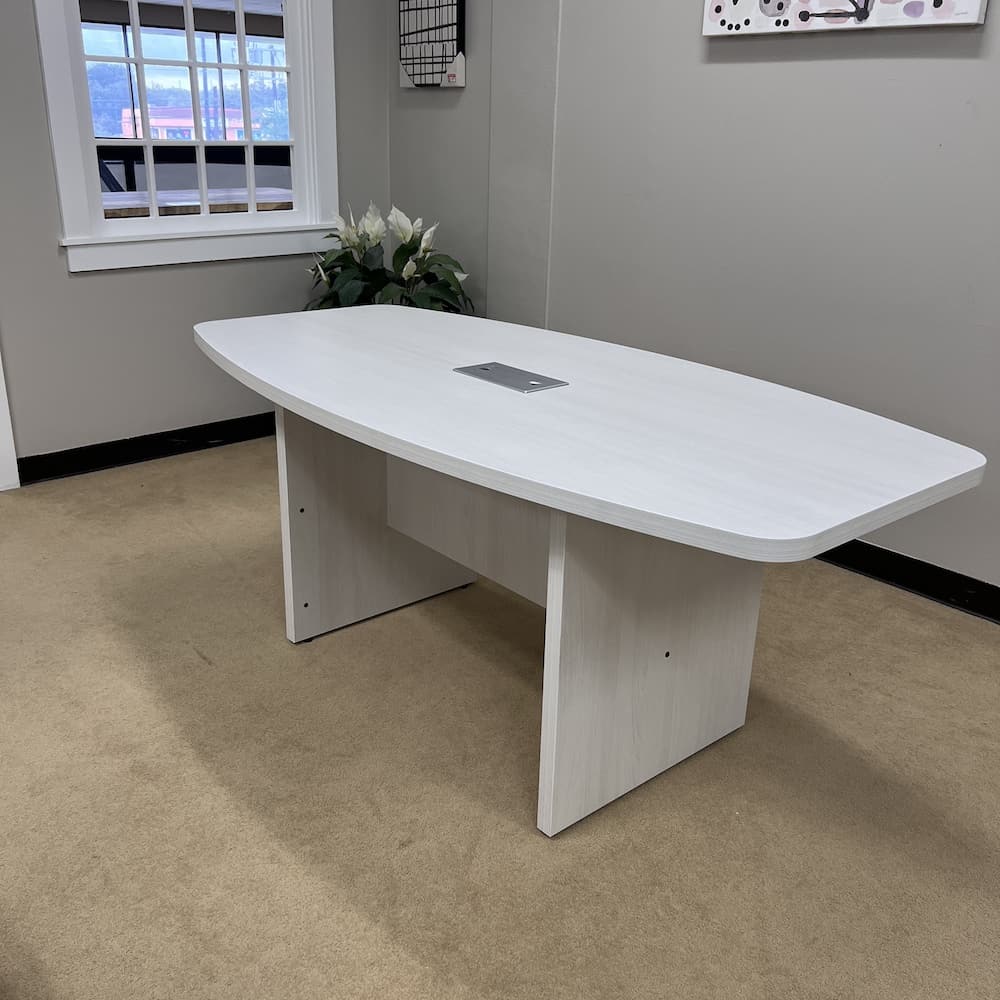 new laminate Arcadia white conference table boat shaped 6 ft