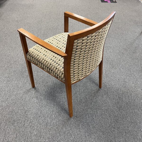 cherry veneer guest chair with gold green and blue pattern upholstery used steelcase