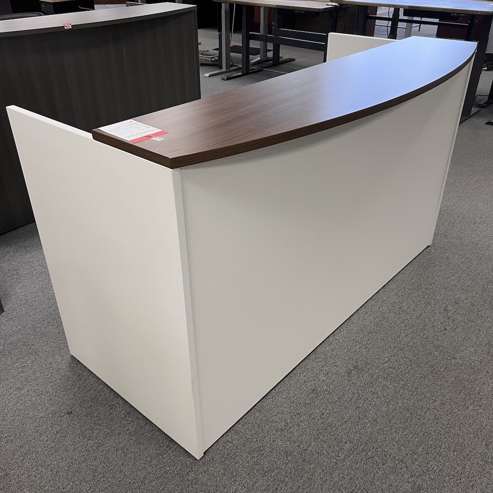 white laminate with walnut transaction top and file file cabinet reception desk