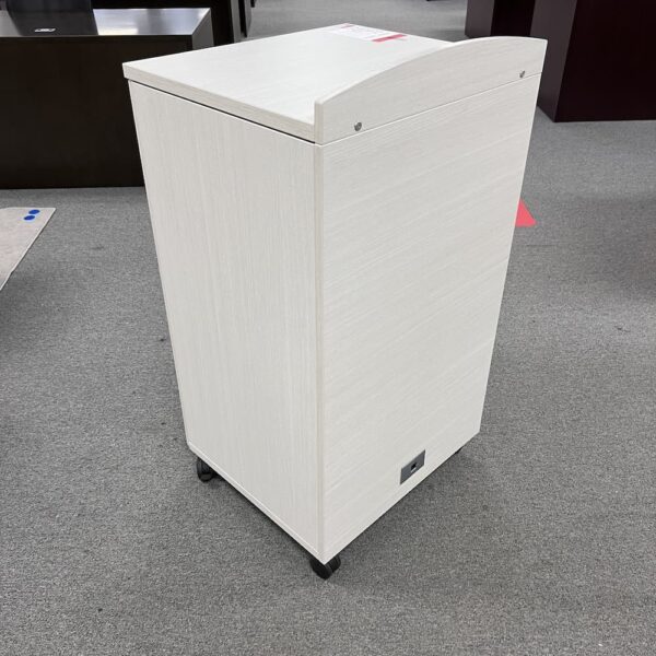 white washed wood laminate Lacasse groupe podium lecturn rolling used with doors