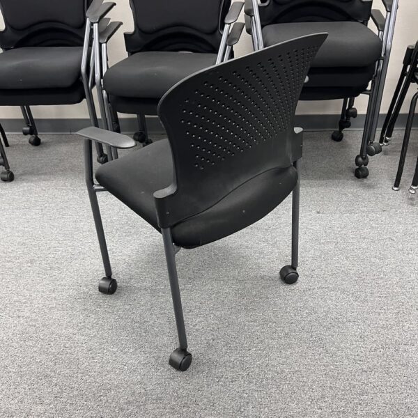 Black Upholstered Rolling Stacking Chair with Arms - Image 2