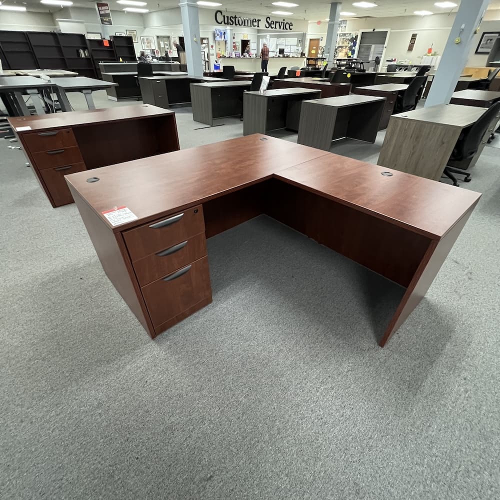 cherry l-desk 60x66 laminate with bbf and black pulls