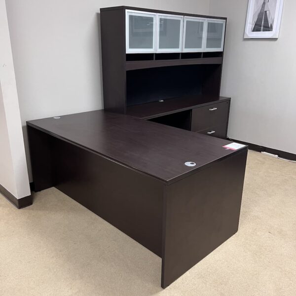 espresso laminate l-desk right return with hutch and 4 glass doors