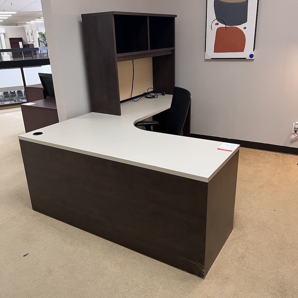 steelcase espresso veneer and beige laminate l-desk right return with small hutch