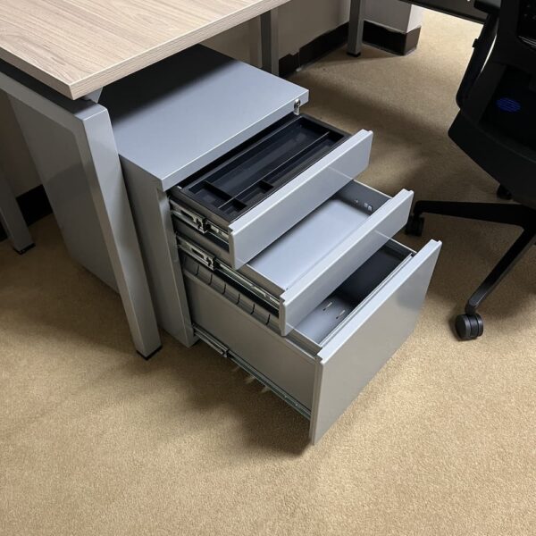 warm ash grey and metal l-desk left return and mobile box box file rolling used office