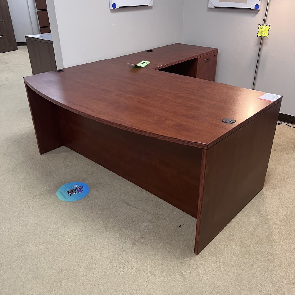 cherry l-desk right return laminate bow front with double pedestal used office furniture