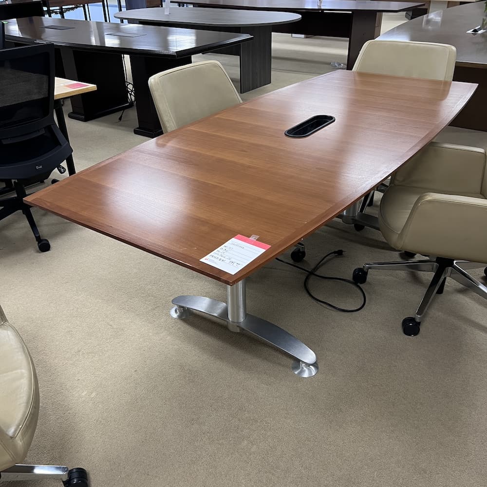 cherry veneer boat shaped conference table with silver base steelcase used office furniture 7 ft