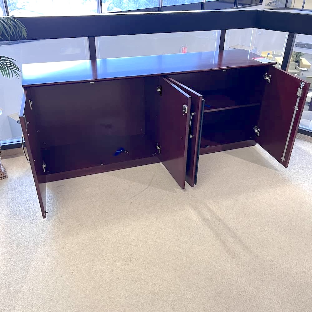 cherry glossy veneer wood credenza storage cabinet with silver pulls and 4 doors