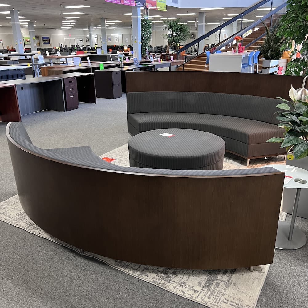 dark grey upholstery with espresso veneer wood round steelcase coalesse circa lounge sofas seating with ottoman