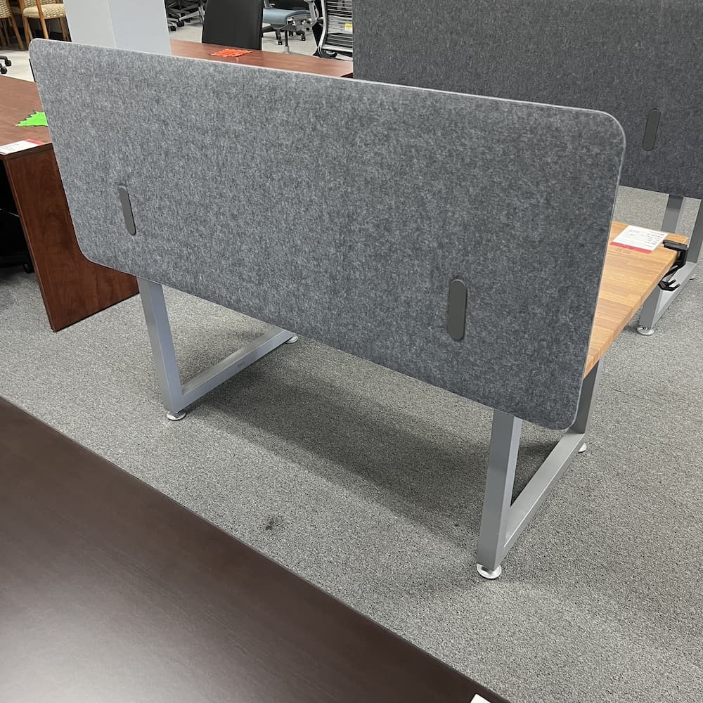 butcher block vari quick pro table with grey legs 60 x 30 and felt fabric privacy sound panel on the front