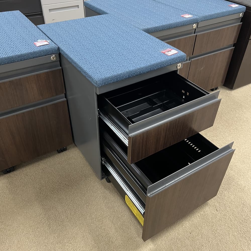 blue cushion top, espresso laminate front, grey metal base and sides vertical box file rolling cabinet Haworth used office furniture