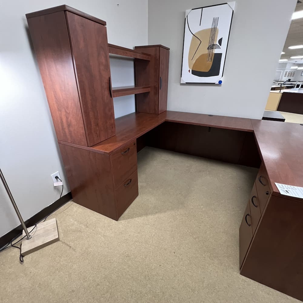 cherry u-desk left return with hutch and two tall doors, shelf, and bow front laminate, double pedestal