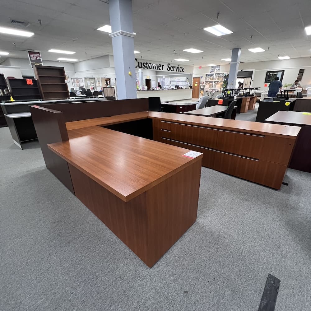 cherry walnut veneer wood u-desk with privacy wall and lateral files and box box file large used furniture office