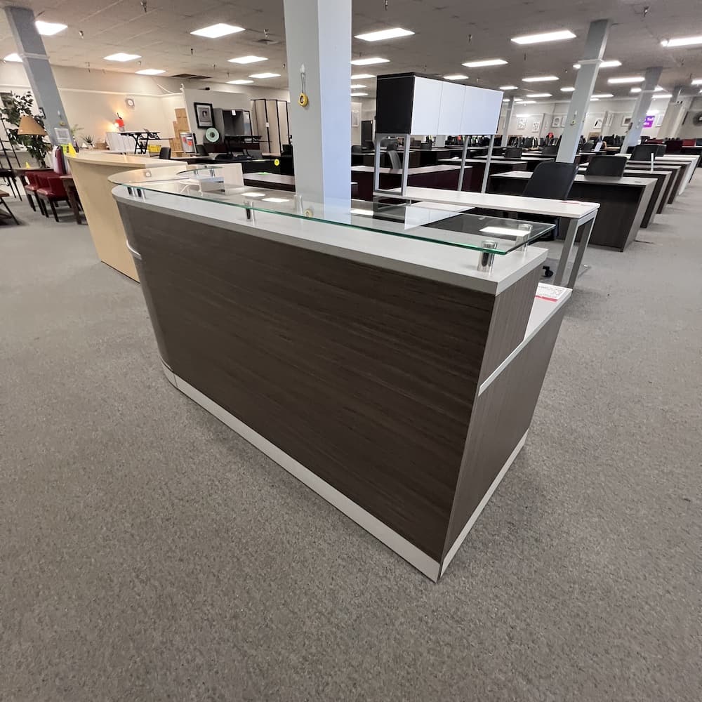 grey two tone laminate l-desk reception desk right return with glass reception top and mobile box box file