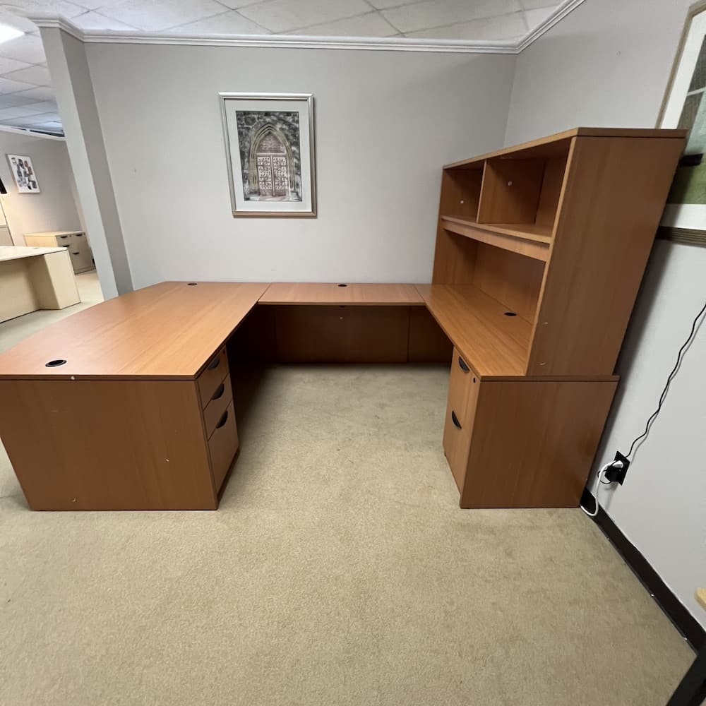 honey laminate u-desk right return double pedestal with open hutch bow front used furniture office