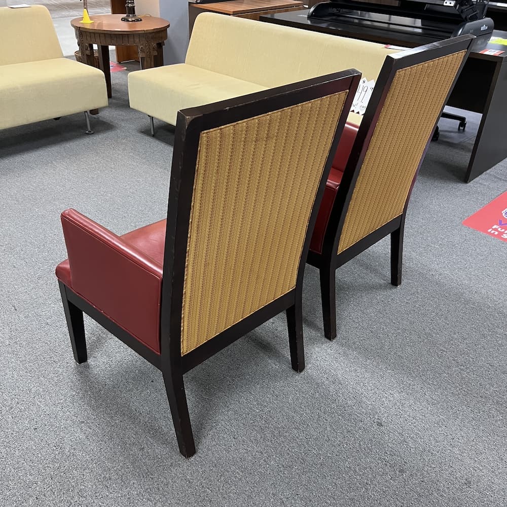 red leather parson chairs with yellow back, espresso veneer wood 70's vintage