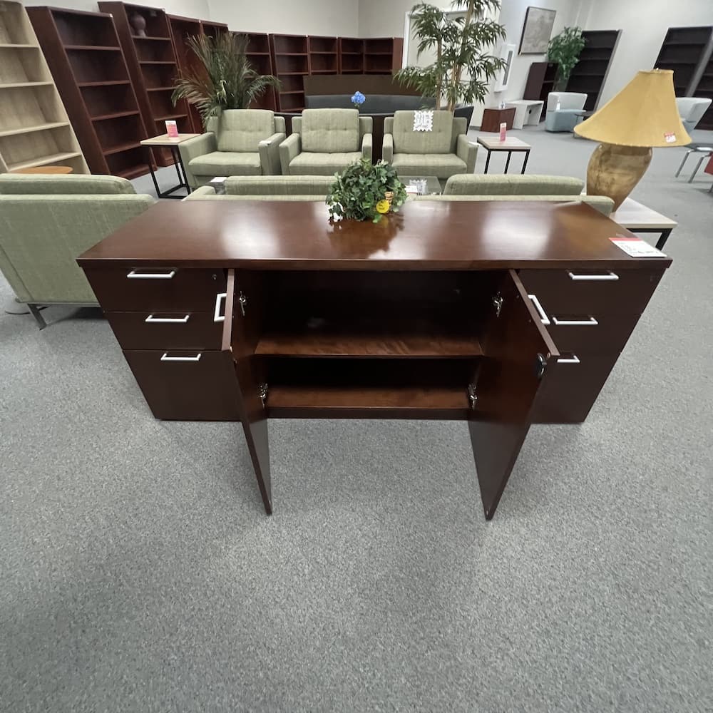 walnut cherry veneer credenza storage cabinet with double box box files silver pulls used office furniture