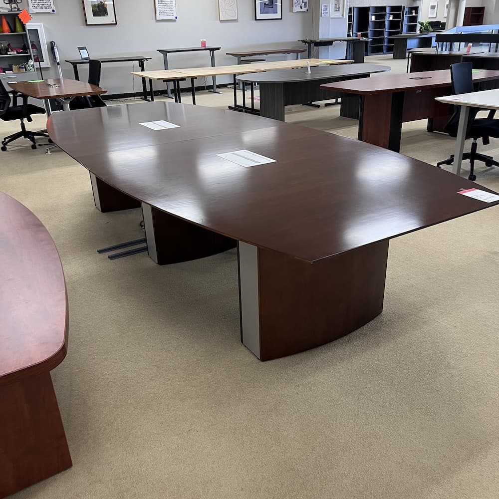 walnut veneer wood boat shaped 12 ft conference table with silver accents elliptical base used furniture office