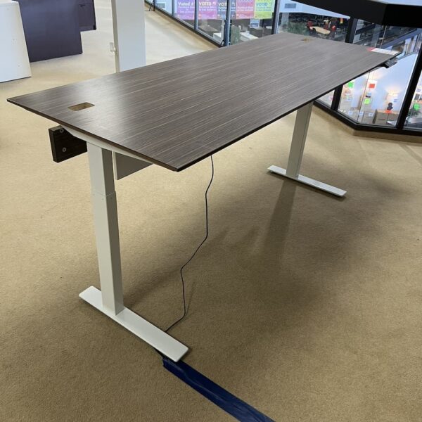 walnut and white laminate height adjustable desk with white base used furniture office lacasse