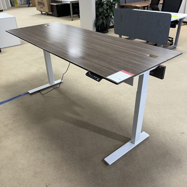 walnut and white laminate height adjustable desk with white base used furniture office lacasse