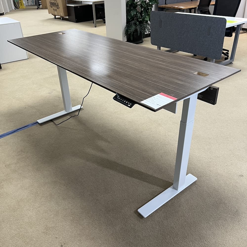 walnut and white laminate height adjustable desk with white base used furniture office lacasse