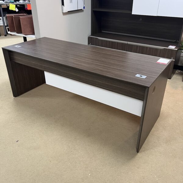 walnut laminate desk Lacasse group used furniture office with white panel