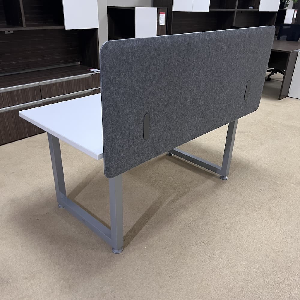 white laminate vari quick pro desk 60" with privacy panel grey legs grey fabric