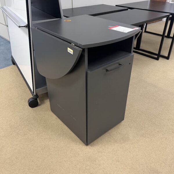 grey laminate podium cart with drop leaf sides and 1 door cabinet used furniture