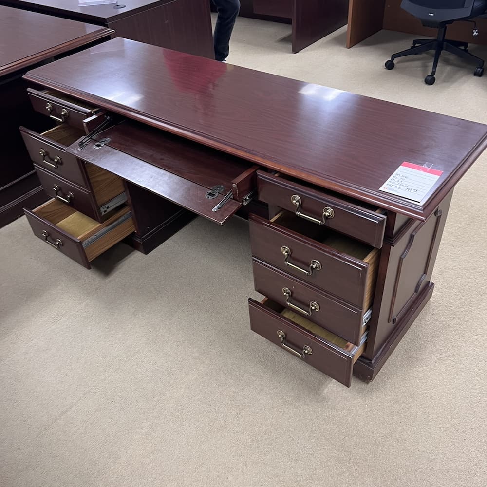 mahogany veneer and laminate traditional credenza desk double pedestal with brass pulls used office furniture