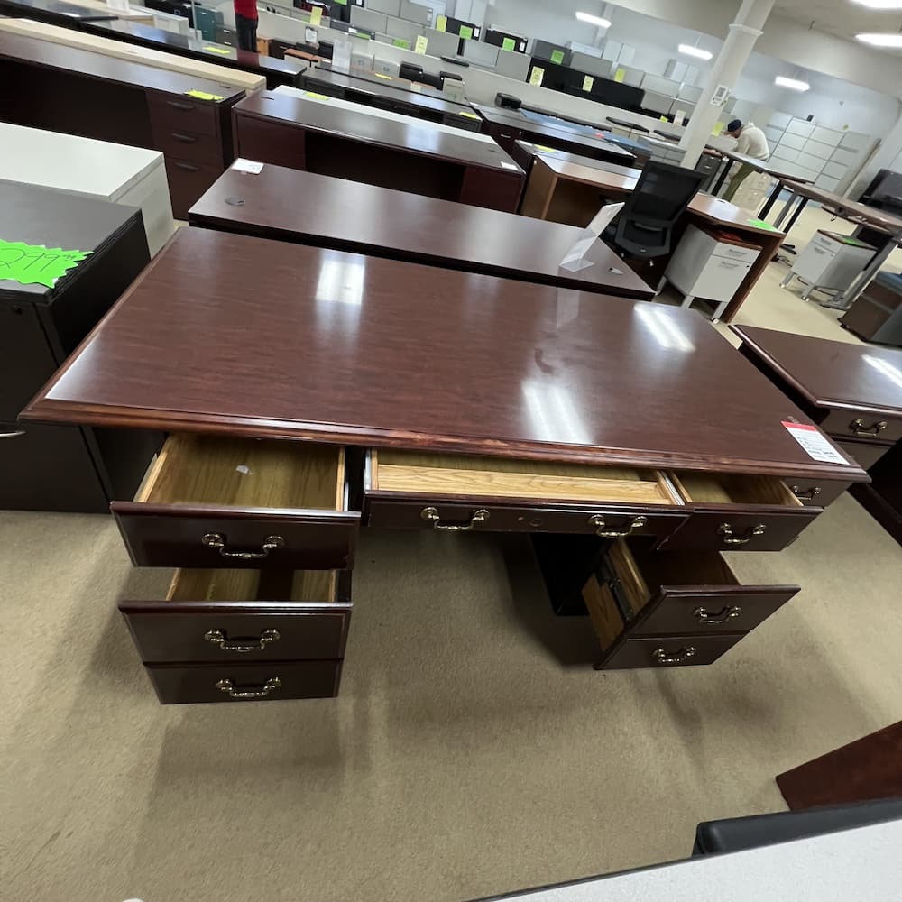 mahogany veneer and laminate traditional desk double pedestal with brass pulls used office furniture