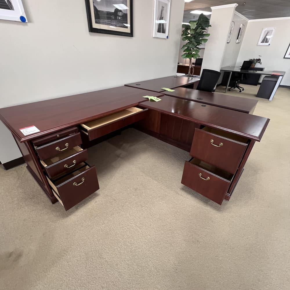 mahogany veneer traditional l-desk right return executive with brass pulls double pedestal used office furniture