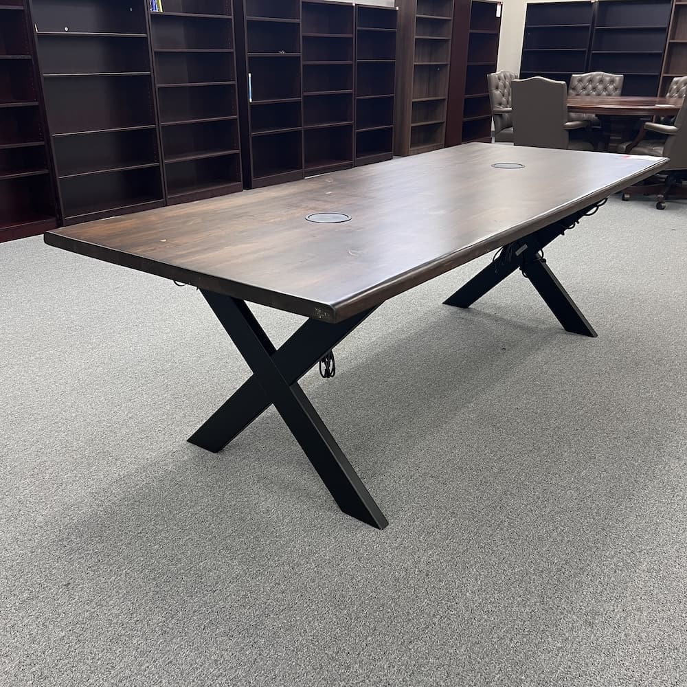 walnut wood rectangle conference table with black x legs base, pop top mag safe chargers and power strip used furniture office