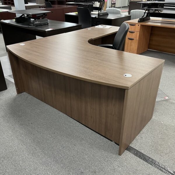 walnut laminate l-desk bow front right return with single pedestal